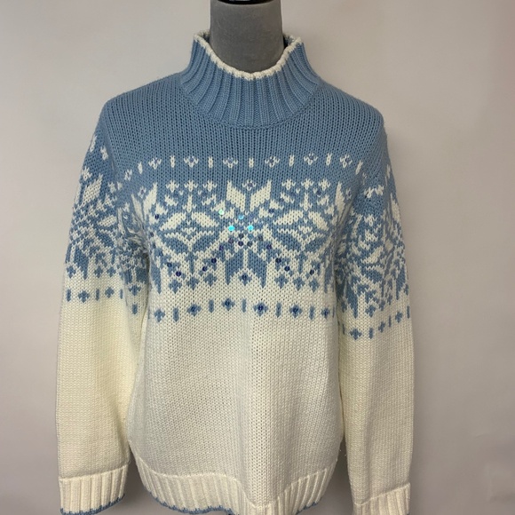 Turtleneck Sweater Snowflake Sequins Winter Grandma Mature Modest Women’s SZ XL - Picture 1 of 10